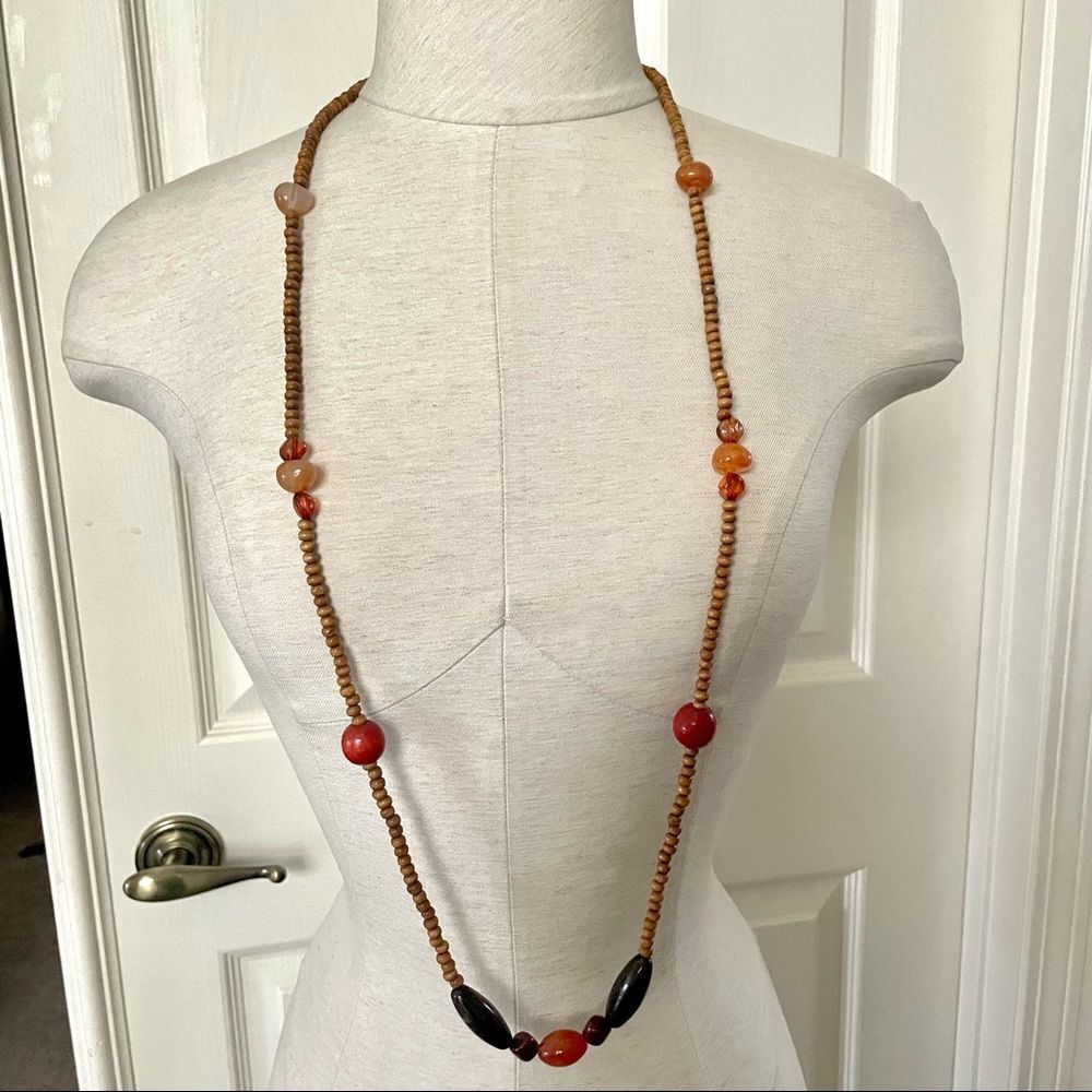 Long wood bead stone necklace